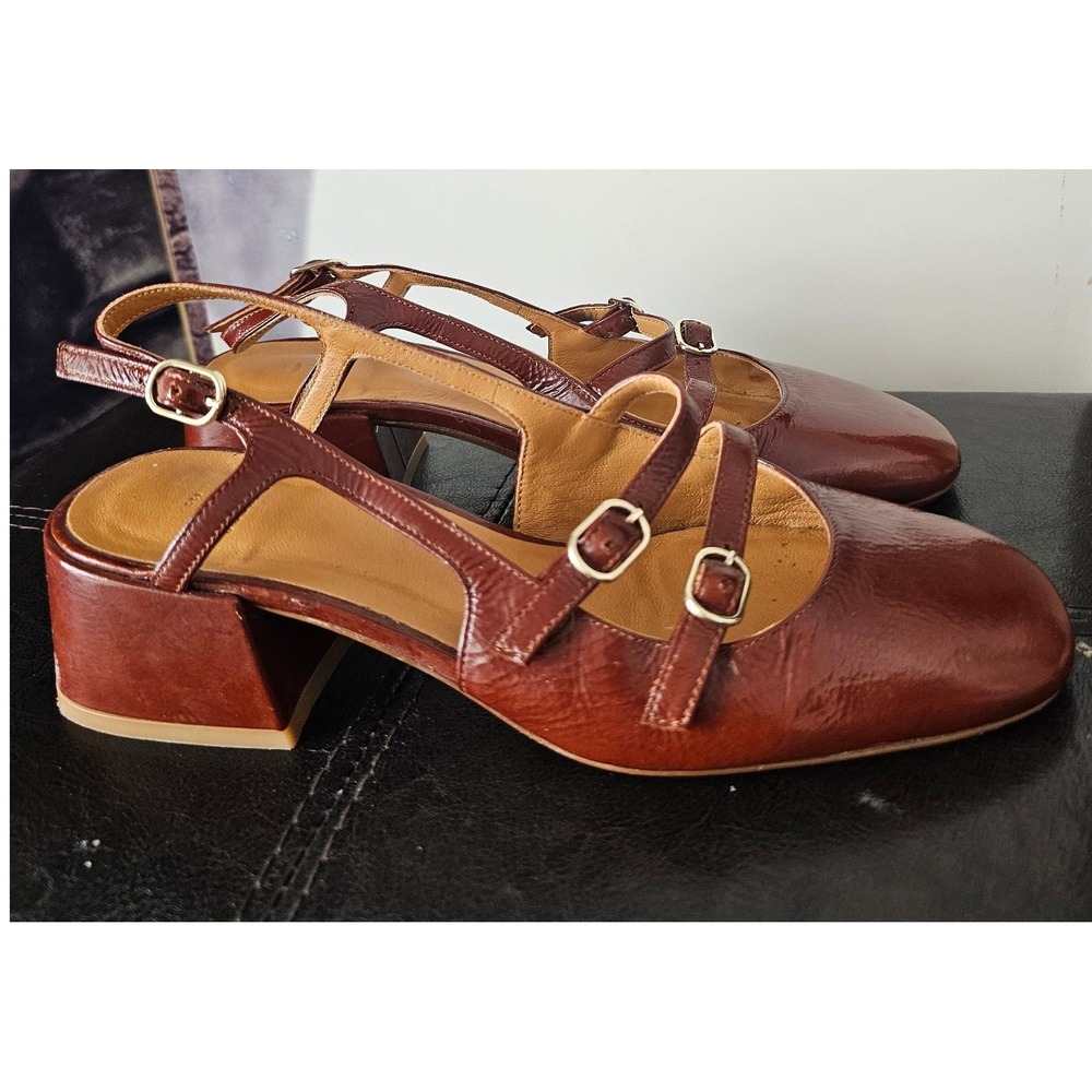 Sezane Brown Leather Low Block Heel Mary-Jane Slingbacks